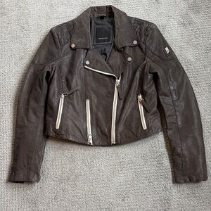 Dark Brown Leather Moto Jacket with Silver Hardware
